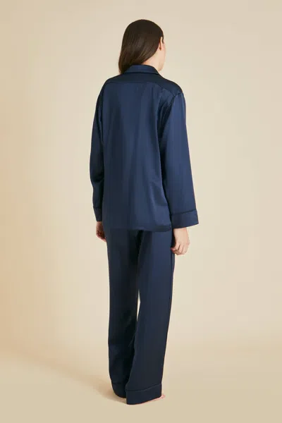 Shop Olivia Von Halle Yves Navy Pyjamas In Silk Satin