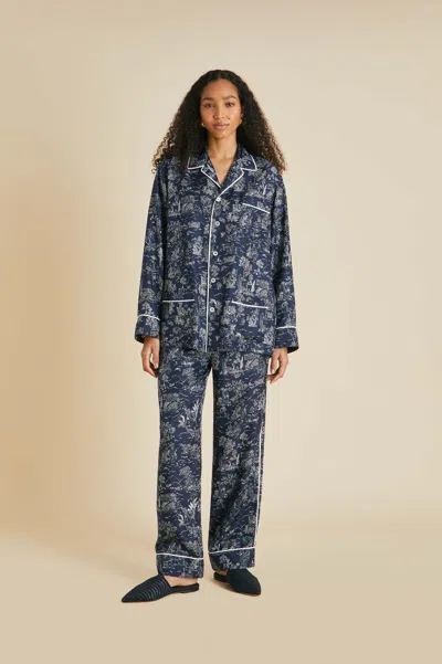Shop Olivia Von Halle Yves Erebus Navy Toile De Jouy Pyjamas In Silk Twill