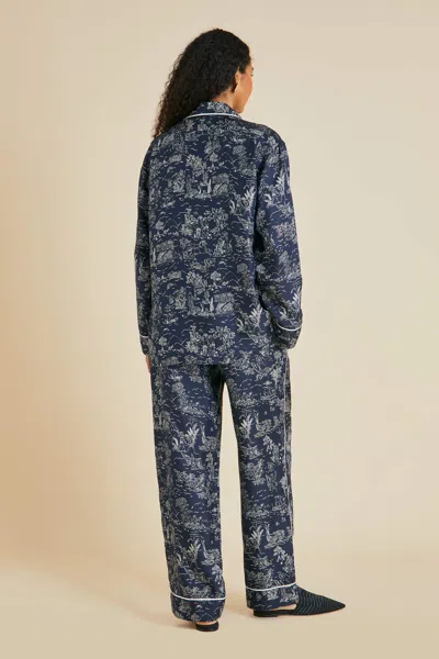 Shop Olivia Von Halle Yves Erebus Navy Toile De Jouy Pyjamas In Silk Twill