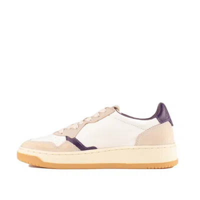 Autry Low Medalist Sneakers In White Canvas And Beige And Purple Leather In White