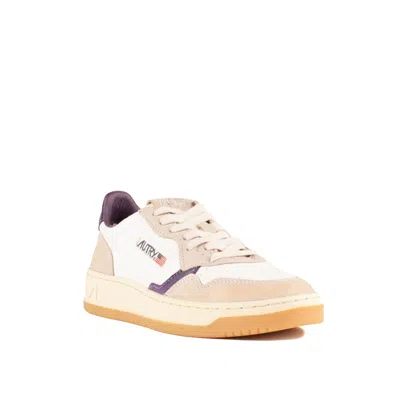 Autry Low Medalist Sneakers In White Canvas And Beige And Purple Leather In White