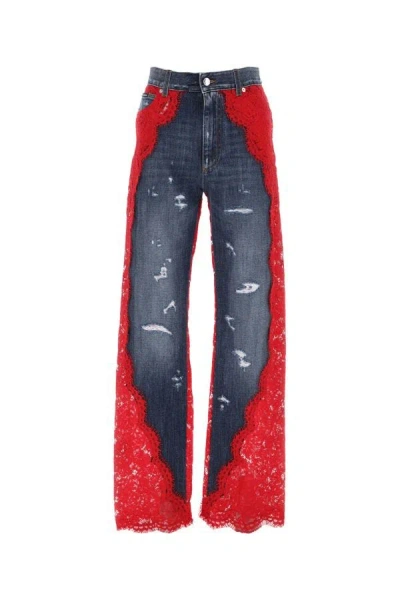 Shop Dolce & Gabbana Woman Two-tone Denim And Lace Jeans In Multicolor
