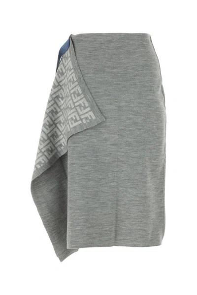 Fendi Wool Blend Skirt With Asymmetric Hem And Elasticated Waistband In Gray