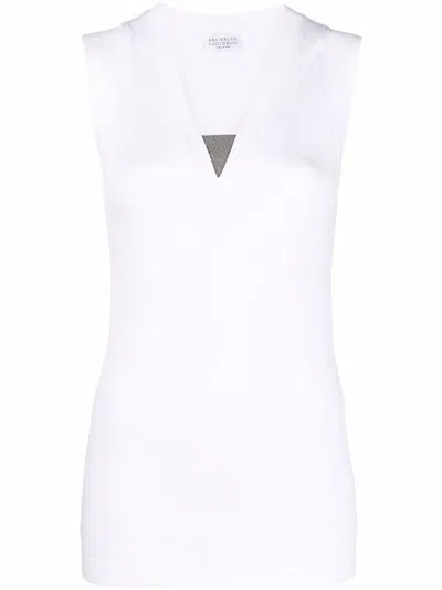 Shop Brunello Cucinelli Cotton Blend V-neck Tank Top In White