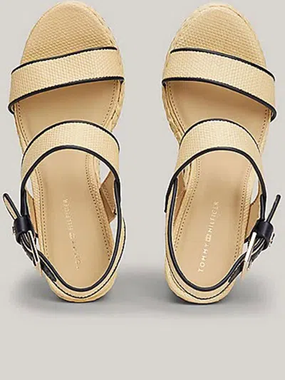 Shop Tommy Hilfiger Platform Th Mono Raffia Wedge Shoes In Nude & Neutrals