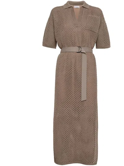 Shop Brunello Cucinelli Cotton Net Dress With Belt In Dove Grey
