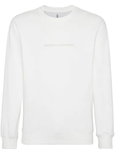 Shop Brunello Cucinelli Cotton Sweater With Embroidered Logo In White