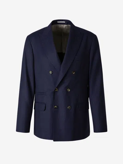 Shop Brunello Cucinelli Double-breasted Wool Blazer In Navy Blue