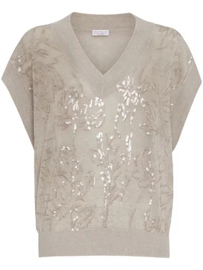 Shop Brunello Cucinelli Embroidered Linen Sleeveless Sweater In Beige