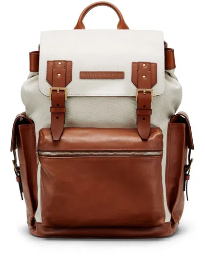 Shop Brunello Cucinelli Leather And Canvas City Backpack In Leather Brown