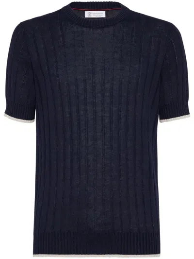 Shop Brunello Cucinelli Linen And Cotton Short Sleeves Sweater In Blue