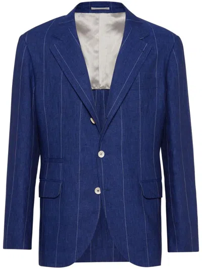 Shop Brunello Cucinelli Linen Pinstriped Blazer Jacket In Blue