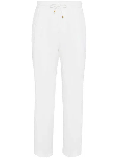 Shop Brunello Cucinelli Linen Trousers With Drawstring In White