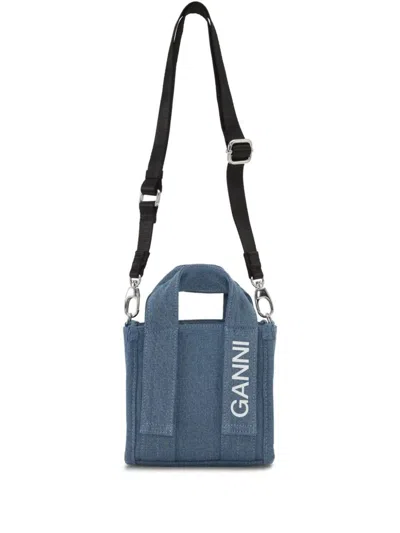 Shop Ganni Denim Mini Bag With Strap In Clear Blue