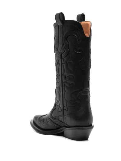 Shop Ganni Mid Shaft Embroidered Western Boot In Black