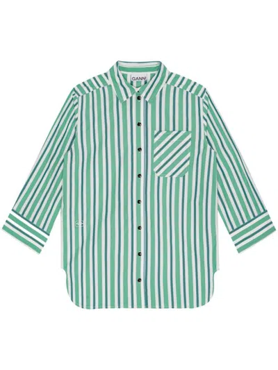 Shop Ganni Stripe Cotton Shirt In Green