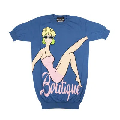 Boutique Moschino Nwt  Blue Short Sleeve Knit Mini Sweater Dress In Blue