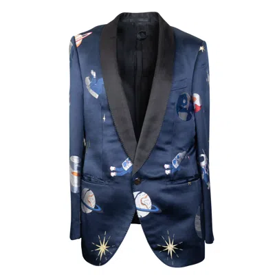 Shop Caruso Silk Space Print Single Breasted Blazer - Navy In Blue