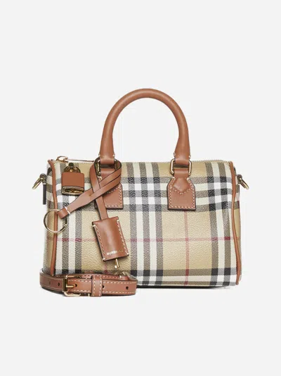 Shop Burberry Bowling Check Canvas Mini Bag In Vintage Check Beige