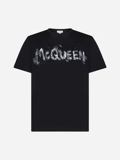 Shop Alexander Mcqueen Logo Cotton T-shirt In Black,grey