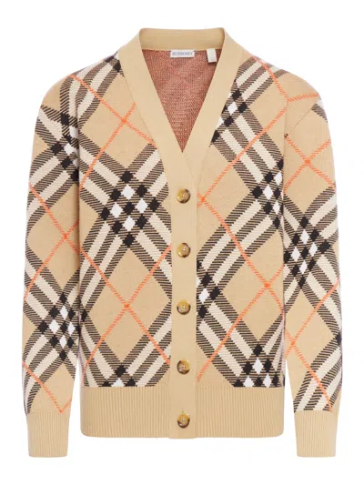 Shop Burberry Cardigan With Check Print In Nude & Neutrals