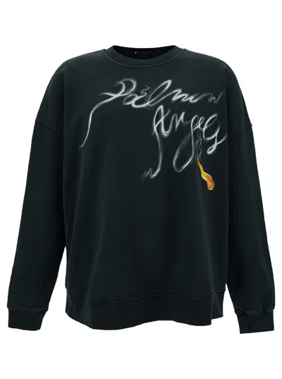 Shop Palm Angels Black Crewneck Sweatshirt With Foggy Logo Print In Cotton Man
