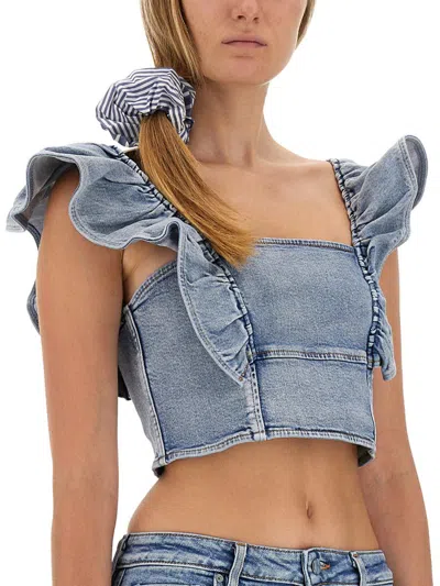 Shop Ganni Top With Ruffles In Blue