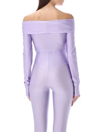 The Andamane Kendall Off The Shoulder Lycra Bodysuit In Lillac