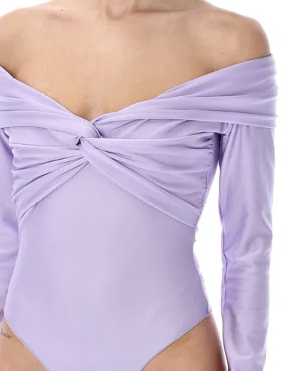 The Andamane Kendall Off The Shoulder Lycra Bodysuit In Lillac