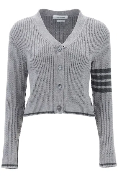 Shop Thom Browne 4-bar Baby Cable Cropped Cardigan In Grey