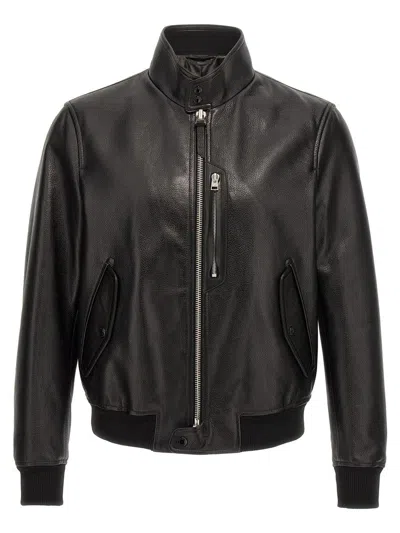 Shop Tom Ford Grainy Leather Bomber Jacket In Black