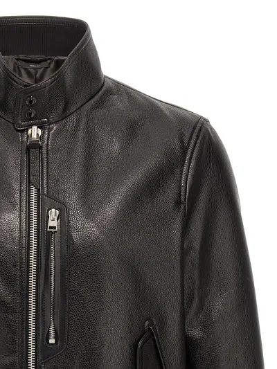 Shop Tom Ford Grainy Leather Bomber Jacket In Black