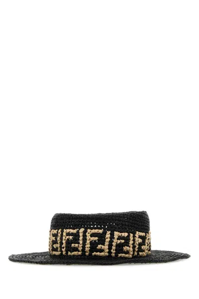Fendi Monogram-pattern Raffia Hat In Black