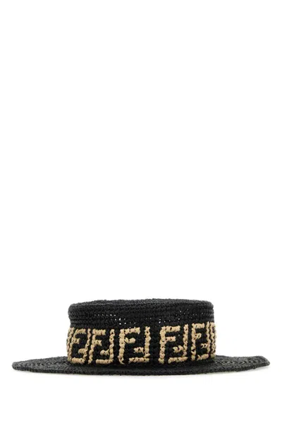 Fendi Monogram-pattern Raffia Hat In Black