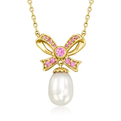 Ross-simons 11x8.5mm Cultured Pearl And . Pink Sapphire Bow Necklace In 18kt Gold Over Sterling In Pink