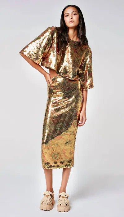 Shop Smythe Pull On Sequin Skirt In Gold Floral In Multi