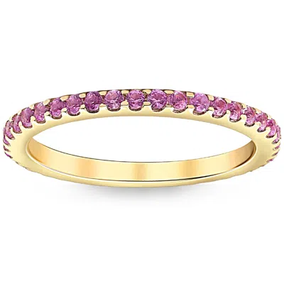 Pompeii3 3/4ct Pink Sapphire Stackable Ring Wedding Band 10k Yellow Gold In Pink