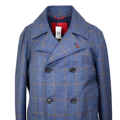 Shop Isaia Blue & Brown Plaid Double-breasted Jacket In Multi
