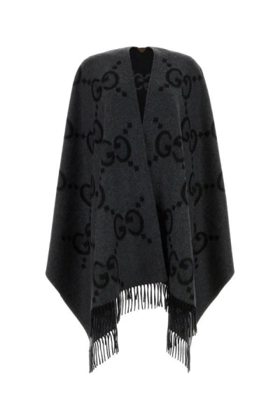 Shop Gucci Woman Embroidered Cashmere Reversible Cape In Gray