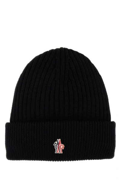 Moncler Grenoble Black Ribbed Beanie With Logo Patch In Wool Man In Black