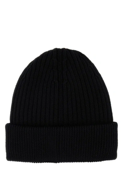 Moncler Grenoble Black Ribbed Beanie With Logo Patch In Wool Man In Black