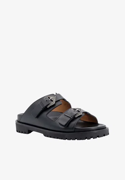 Shop Off-white Buckle-strap Leather Flat Sandals In Black