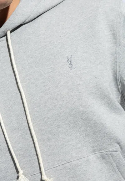 Shop Saint Laurent Cassandre Embroidered Hoodie In Gray