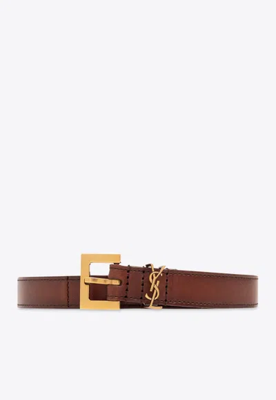 Shop Saint Laurent Cassandre Thin Leather Belt In Brown