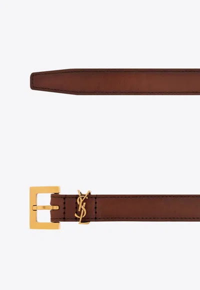 Shop Saint Laurent Cassandre Thin Leather Belt In Brown