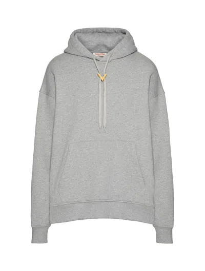Shop Valentino Cotton Sweatshirt With Hood And Metallic V Detail In Grey