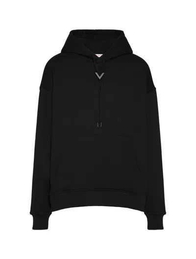 Shop Valentino Cotton Sweatshirt With Hood And Metallic V Detail In Black