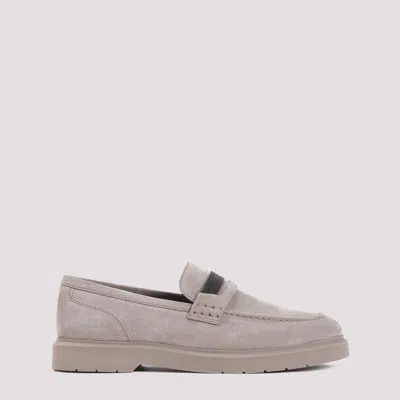 Shop Brunello Cucinelli Grey Leather Loafers In Nude & Neutrals