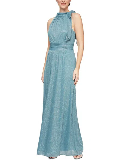 Shop Slny Petites Womens Bow Neck Glitter Evening Dress In Blue
