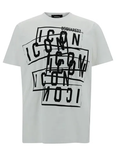 Shop Dsquared2 White Crewneck T-shirt With All-over Icon Print In Cotton Man
